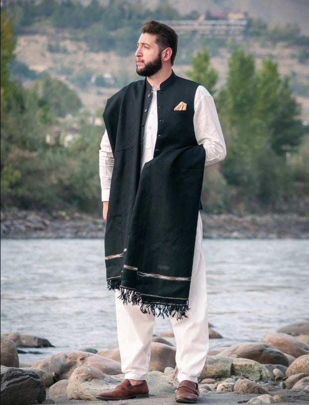 BLACK COLOUR PASHMINA WOOLEN SHAWL FOR MEN LIGHT-WEIGHT